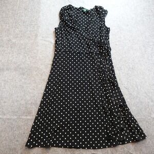 Ralph Lauren Dress Women 14W Black White Polka Dot Faux Wrap Sleeveless ALine